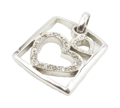 925 Sterling Silver  Vintage Shiny Topaz Open Love Hearts Pendant  PT10962