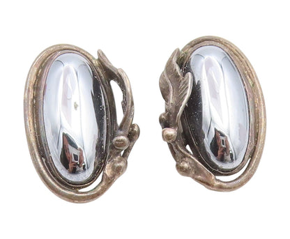 925 Sterling Silver Vintage Earrings Hematite Carved Leaf Motif Clip On  EG14102