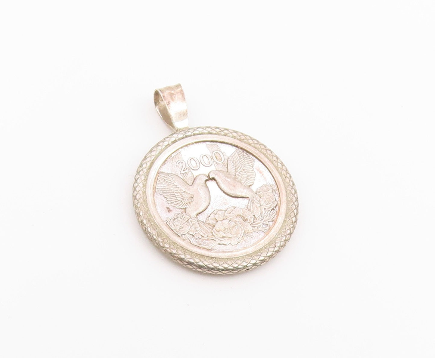 925 Sterling Silver Vintage Pendant 2000 Millennium Doves Medallion Coin PT26580