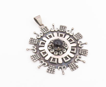 925 Sterling Silver Vintage Pendant LOS BALLESTEROS Onyx Large Aztec Sun PT26375