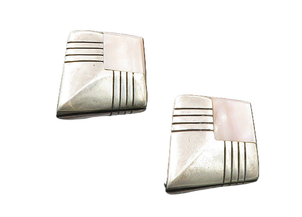 ANGELINE MILLER NAVAJO 925 Silver  Vintage Mother Of Pearl Earrings  EG5077