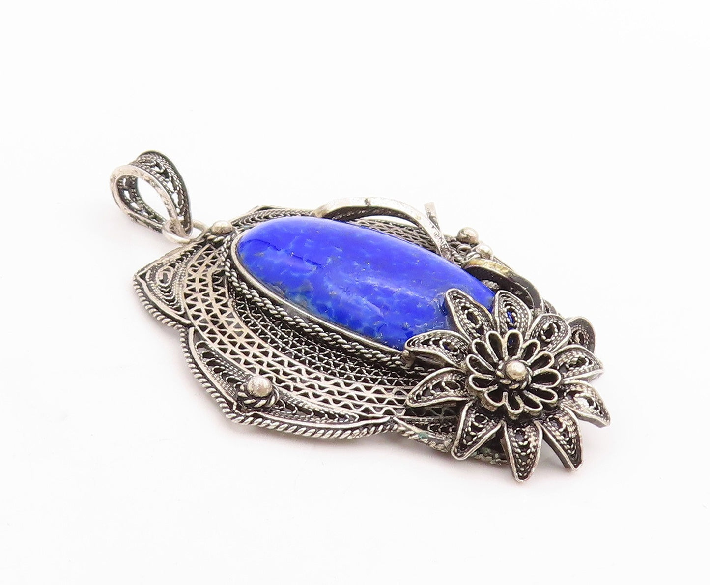 925 Sterling Silver Vintage Pendant Gemstone Dark Tone Floral Filigree  PT24762