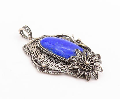 925 Sterling Silver Vintage Pendant Gemstone Dark Tone Floral Filigree  PT24762