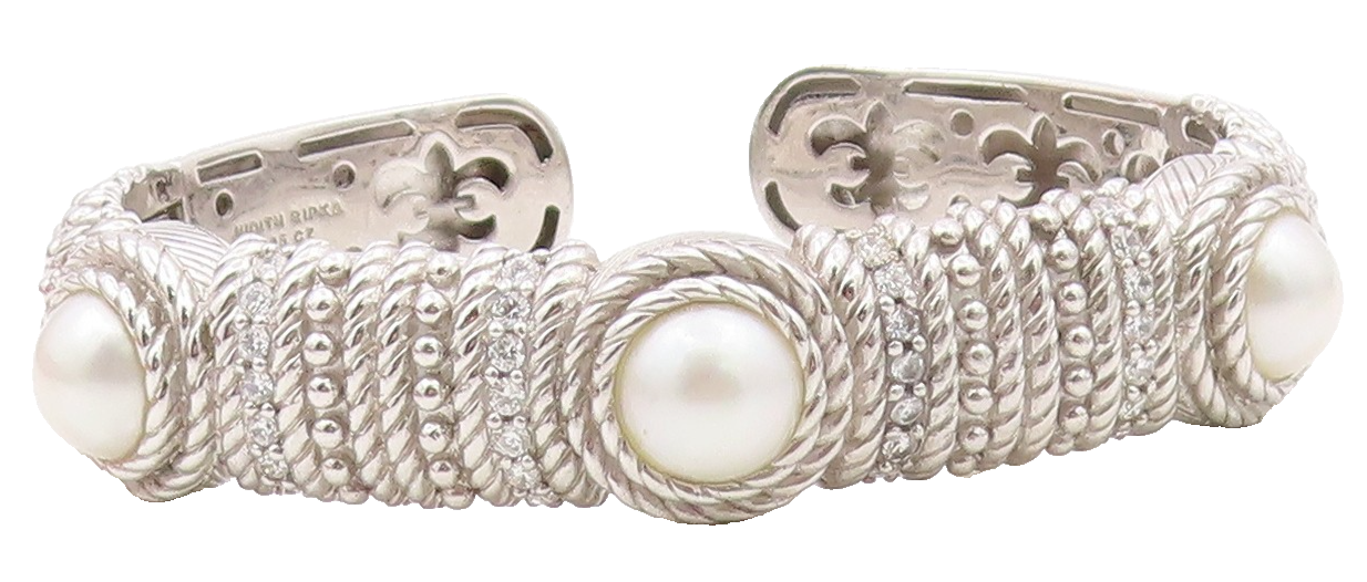 925 Sterling Silver Vintage Bracelet JUDITH RIPKA Round Pearl & CZ Cuff  BT11996