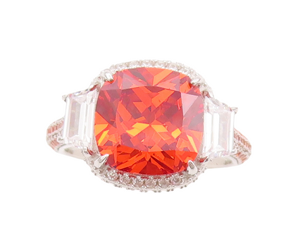925 Sterling Silver Vintage Ring Square Orange Halo White CZ  Sz 7  RG29639