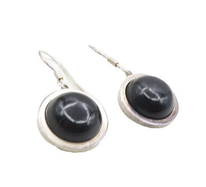 MEXICO 925 Silver  Vintage Cabochon Cut Black Onyx Dangle Earrings  EG4673