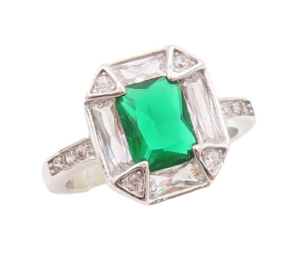 925 Sterling Silver Vintage Ring Rectangle Cut Green & White CZ  Sz 7  RG29450