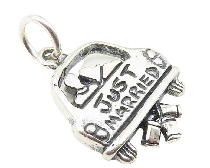 925 Sterling Silver  Vintage Shiny Etched Just Married Couple Pendant  PT8192
