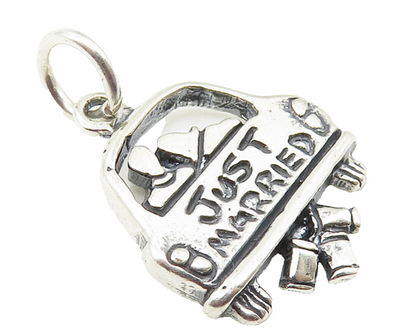 925 Sterling Silver  Vintage Shiny Etched Just Married Couple Pendant  PT8192