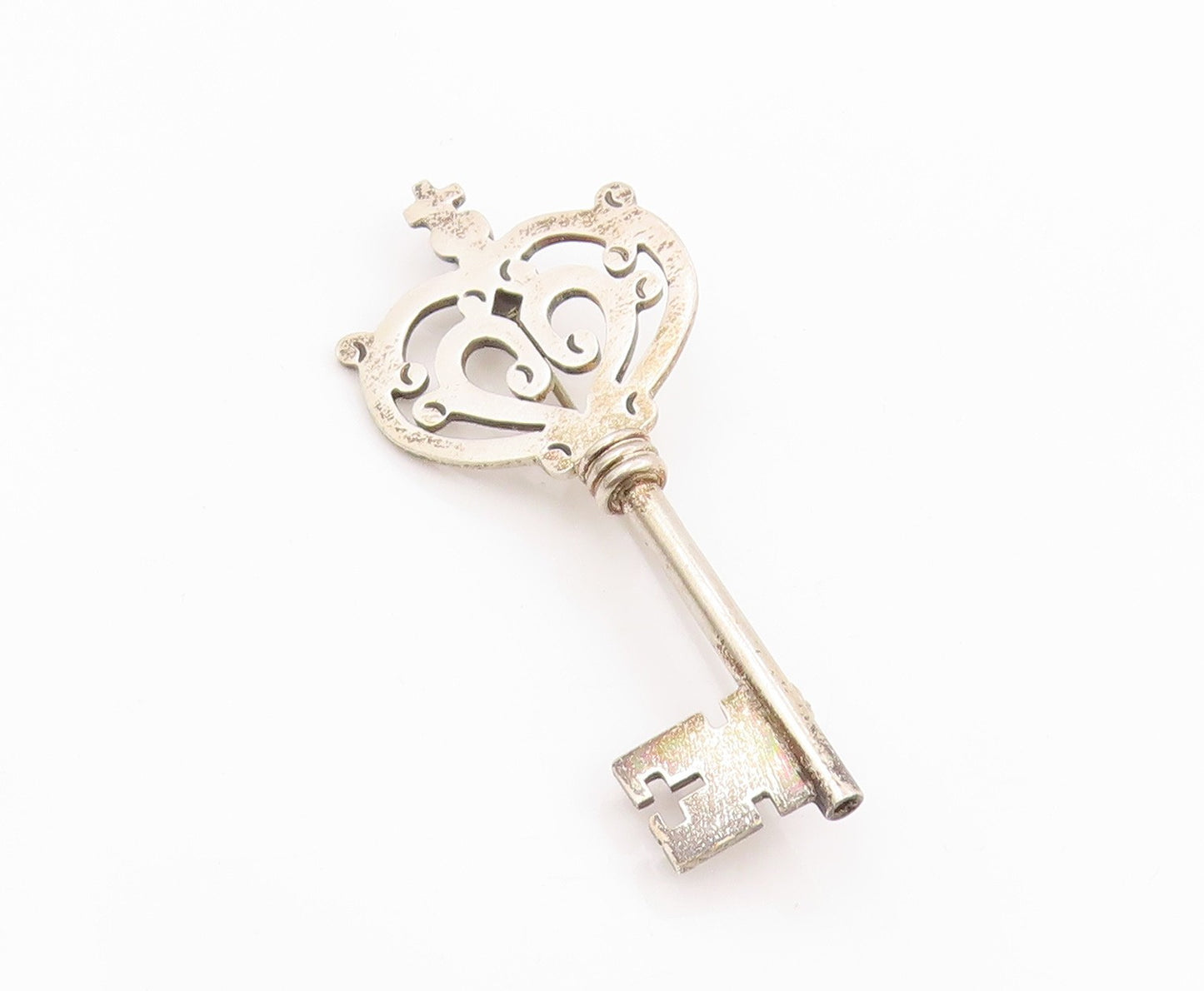 925 Sterling Silver Vintage Brooch Pin MEXICO Antique Crown Cutout Key  BP12486