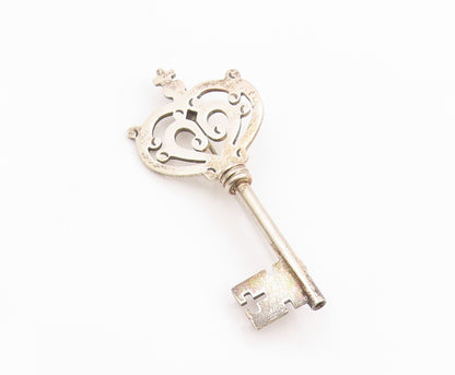 925 Sterling Silver Vintage Brooch Pin MEXICO Antique Crown Cutout Key  BP12486