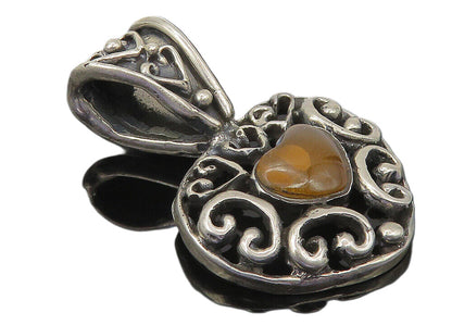 MEXICO 925 Sterling Silver  Vintage Amber Love Heart Drop Pendant  PT8560
