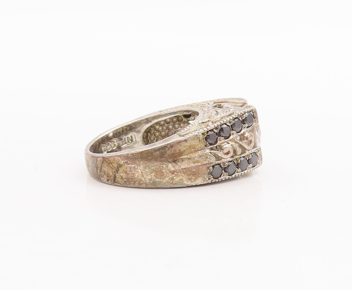 925 Sterling Silver Vintage Ring Swirls Carved Onyx Shank & Topaz  Sz 6  RG28721