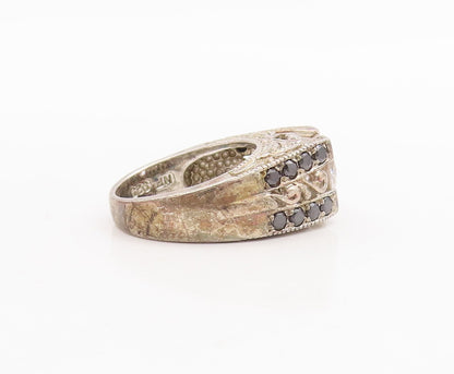 925 Sterling Silver Vintage Ring Swirls Carved Onyx Shank & Topaz  Sz 6  RG28721