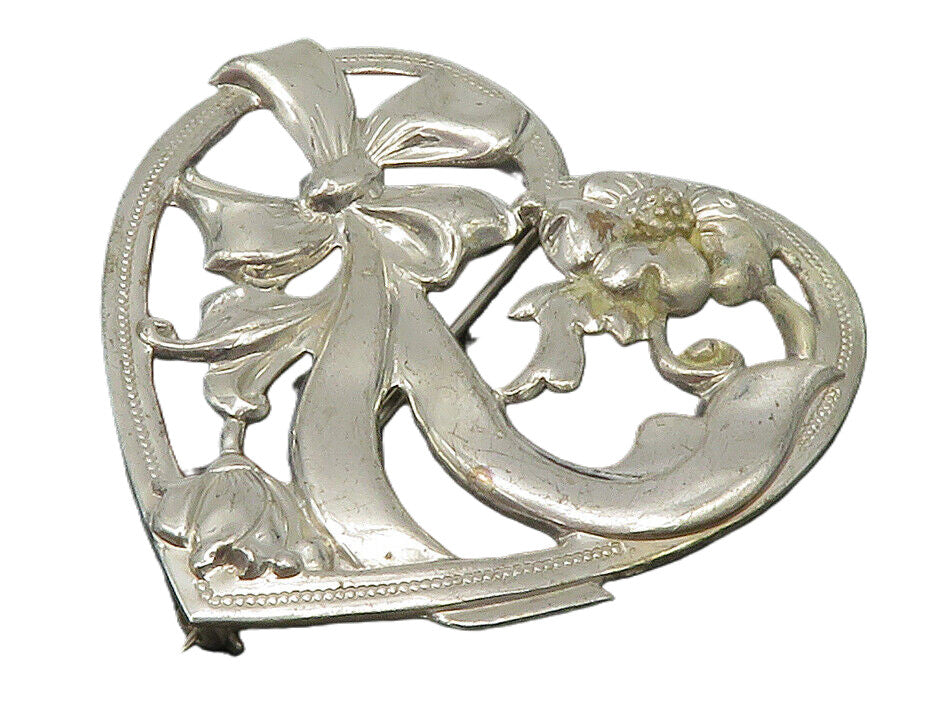 925 Sterling Silver  Vintage Floral Ribbon Bow Love Heart Brooch Pin  BP4826
