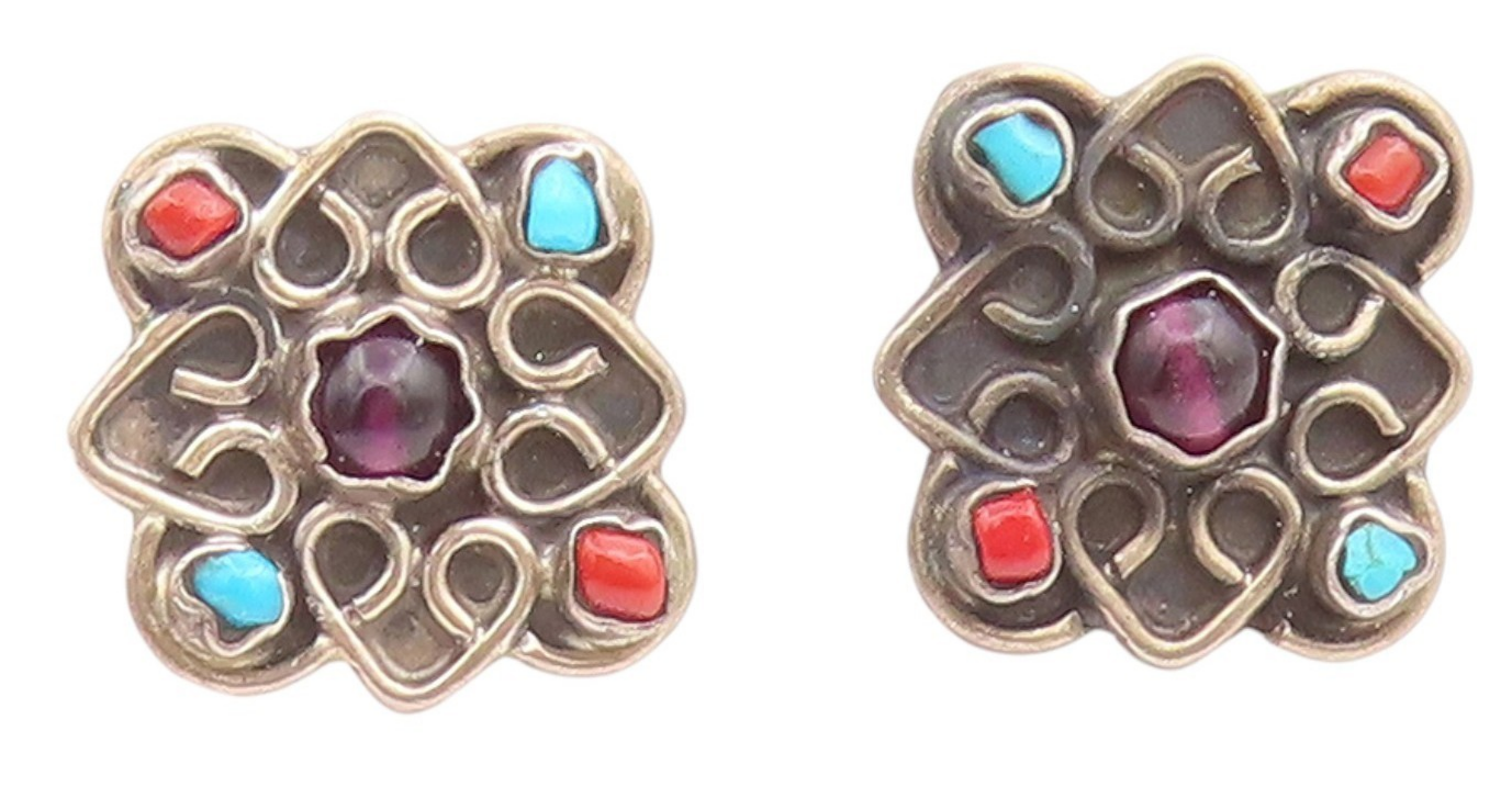 925 Sterling Silver Vintage Earrings MEXICO Multi Gemstone Floral Stud  EG14092