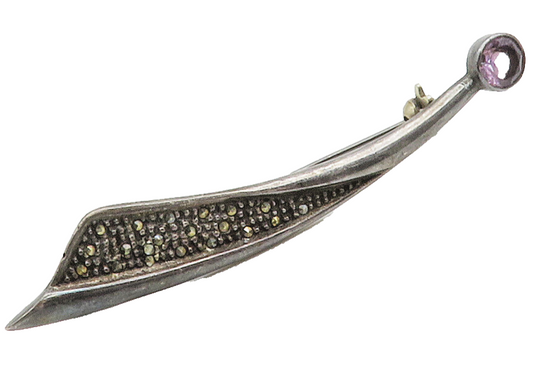 925 Sterling Silver  Vintage Amethyst & Marcasite Dark Tone Brooch Pin  BP5890