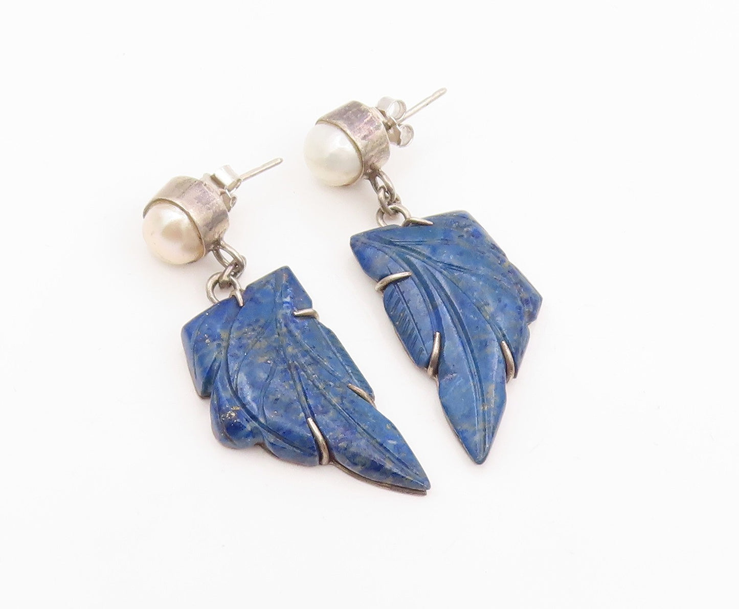 925 Sterling Silver Vintage Earrings JAIN ALOK Pearl Carved Lapis Lazuli EG14172