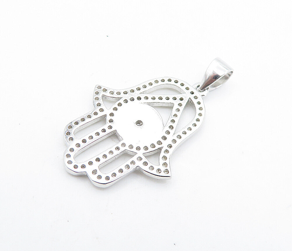 925 Sterling Silver  Shiny Topaz & Enamel Detail Open Hamsa Pendant  PT5569