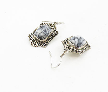 925 Sterling Silver  Vintage Cabochon Cut Grey Jasper Dangle Earrings  EG4554