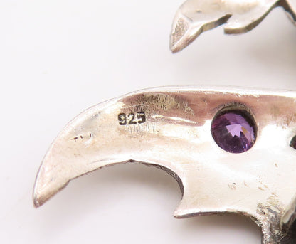 925 Sterling Silver Vintage Brooch Heart Shape Onyx & Amethyst Koi Fish  BP12302