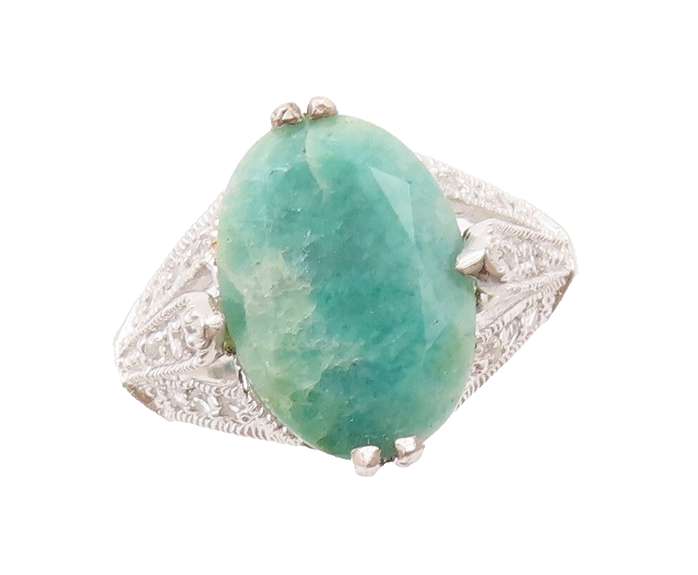 925 Sterling Silver Vintage Ring Oval Gemstone & CZ Cutout Neck Sz 7  RG30796