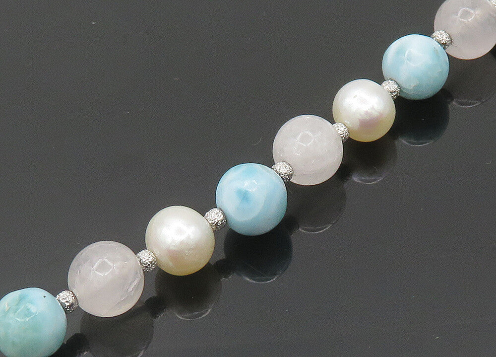925 Silver  Vintage Pearls Rose Quartz & Larimar Beaded Chain Necklace  NE3385