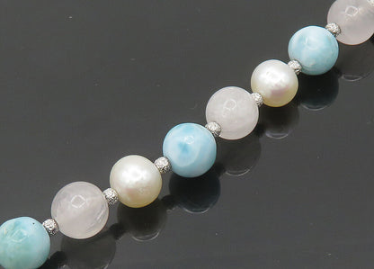 925 Silver  Vintage Pearls Rose Quartz & Larimar Beaded Chain Necklace  NE3385