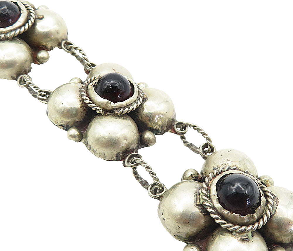 MEXICO 925 Silver  Vintage Antique Garnet Floral Twist Chain Bracelet  BT3554