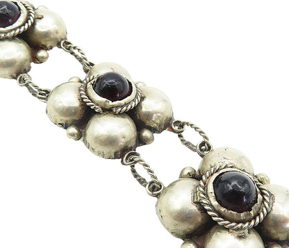 MEXICO 925 Silver  Vintage Antique Garnet Floral Twist Chain Bracelet  BT3554