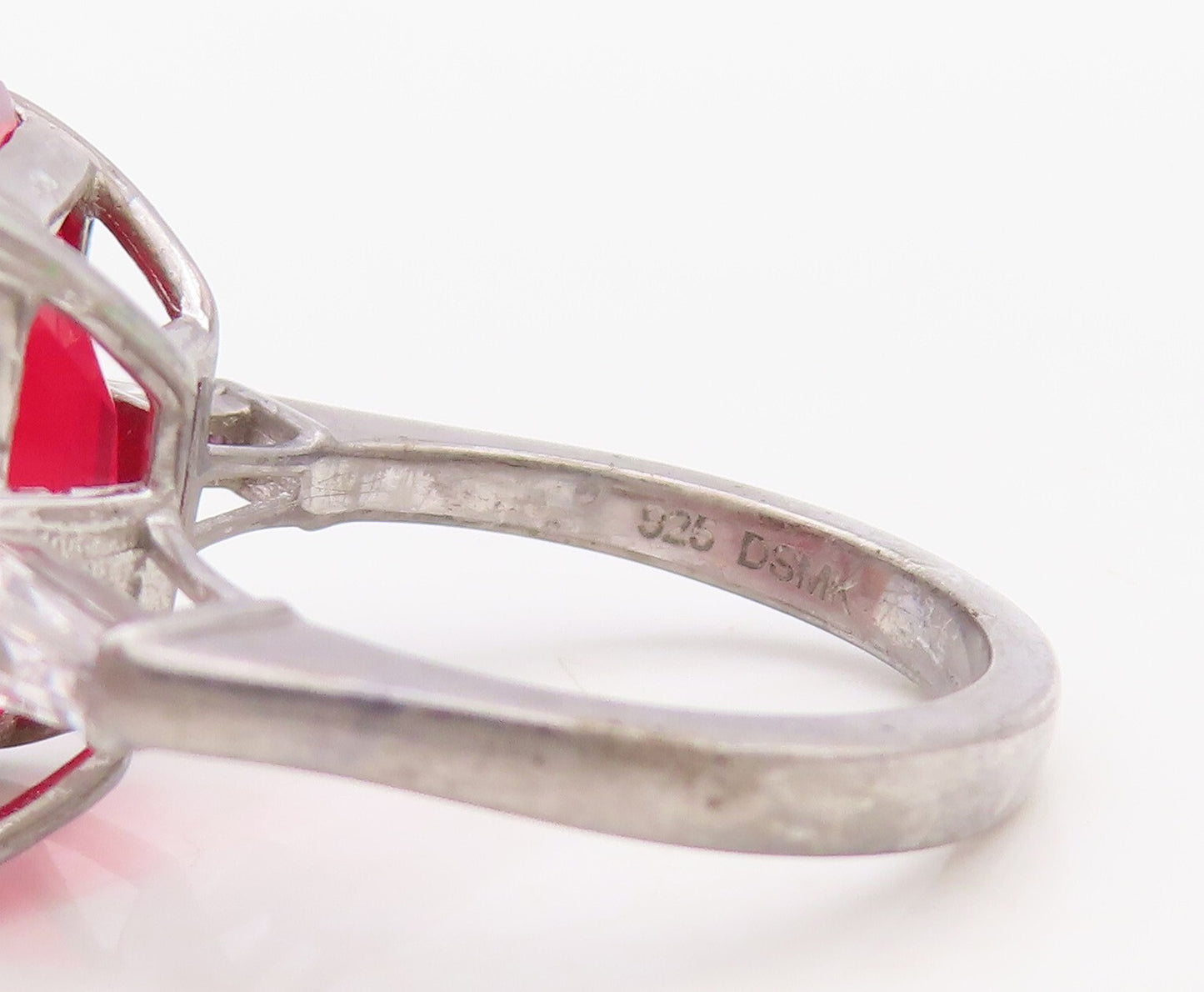 925 Sterling Silver Vintage Ring Rectangle Cut Red & White CZ  Sz 6.5  RG30046
