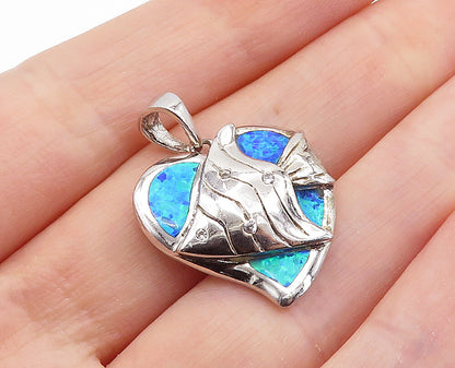 925 Sterling Silver  Fire Opal & Topaz Swimming Fish Heart Pendant  PT4883