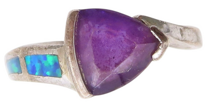 925 Sterling Silver Vintage Ring Triangle Amethyst Fire Opal Band Sz 6  RG33375