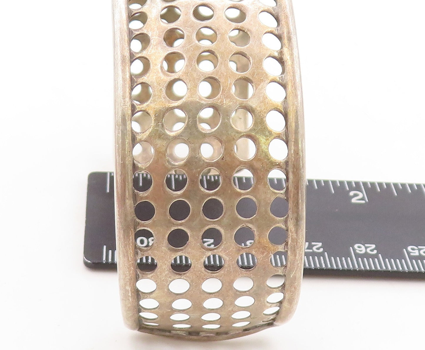 925 Sterling Silver Vintage Bracelet Solid Polka Dots Cutout Cuff  BT10941