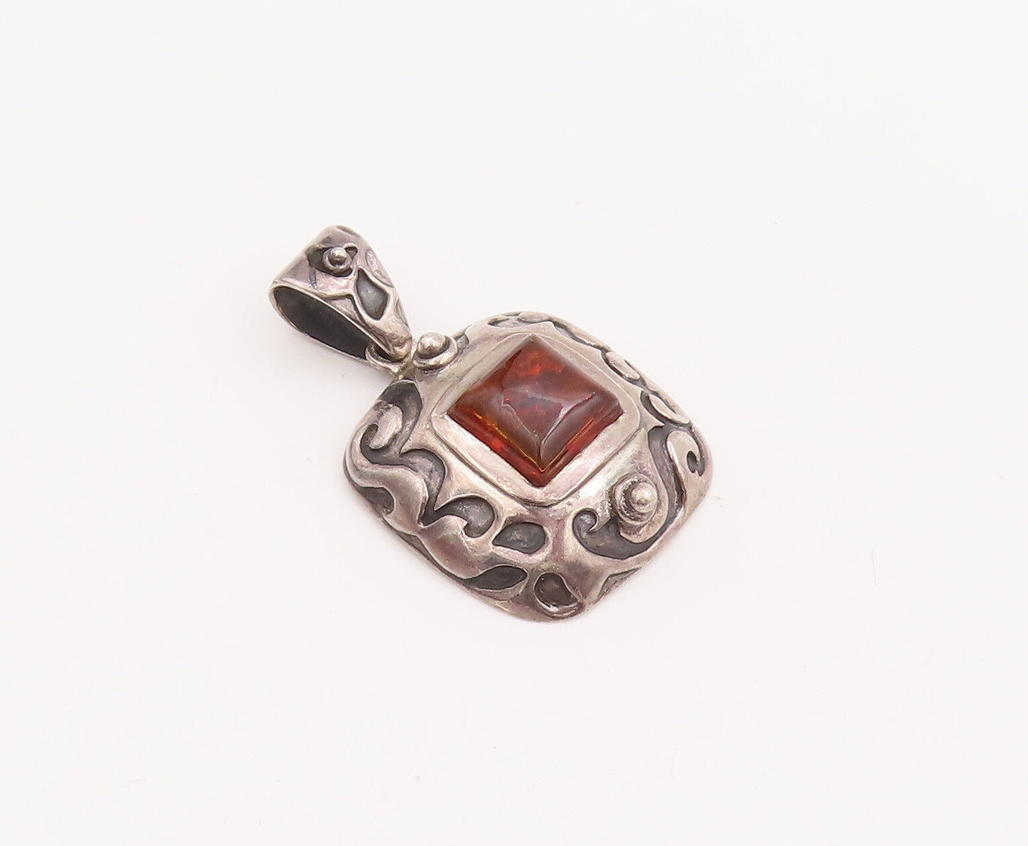 925 Sterling Silver Vintage Pendant SILPADA Swirly Carved Square Amber  PT22834