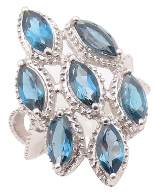 925 Sterling Silver Vintage Ring Marquise Cut London Topaz  Sz 7.5  RG29333