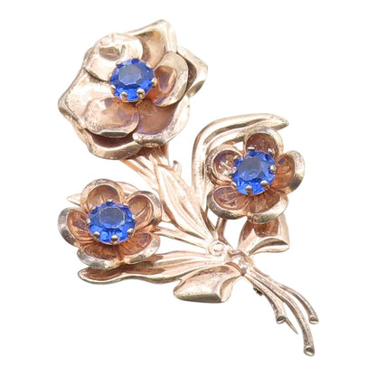 925 Sterling Silver  Vintage Blue Topaz Flower Bunch Motif Brooch Pin  BP5451