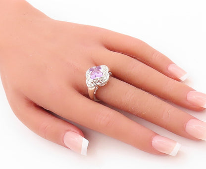 925 Sterling Silver Vintage Ring Swirly Carved Amethyst Flower  Sz 7  RG31424