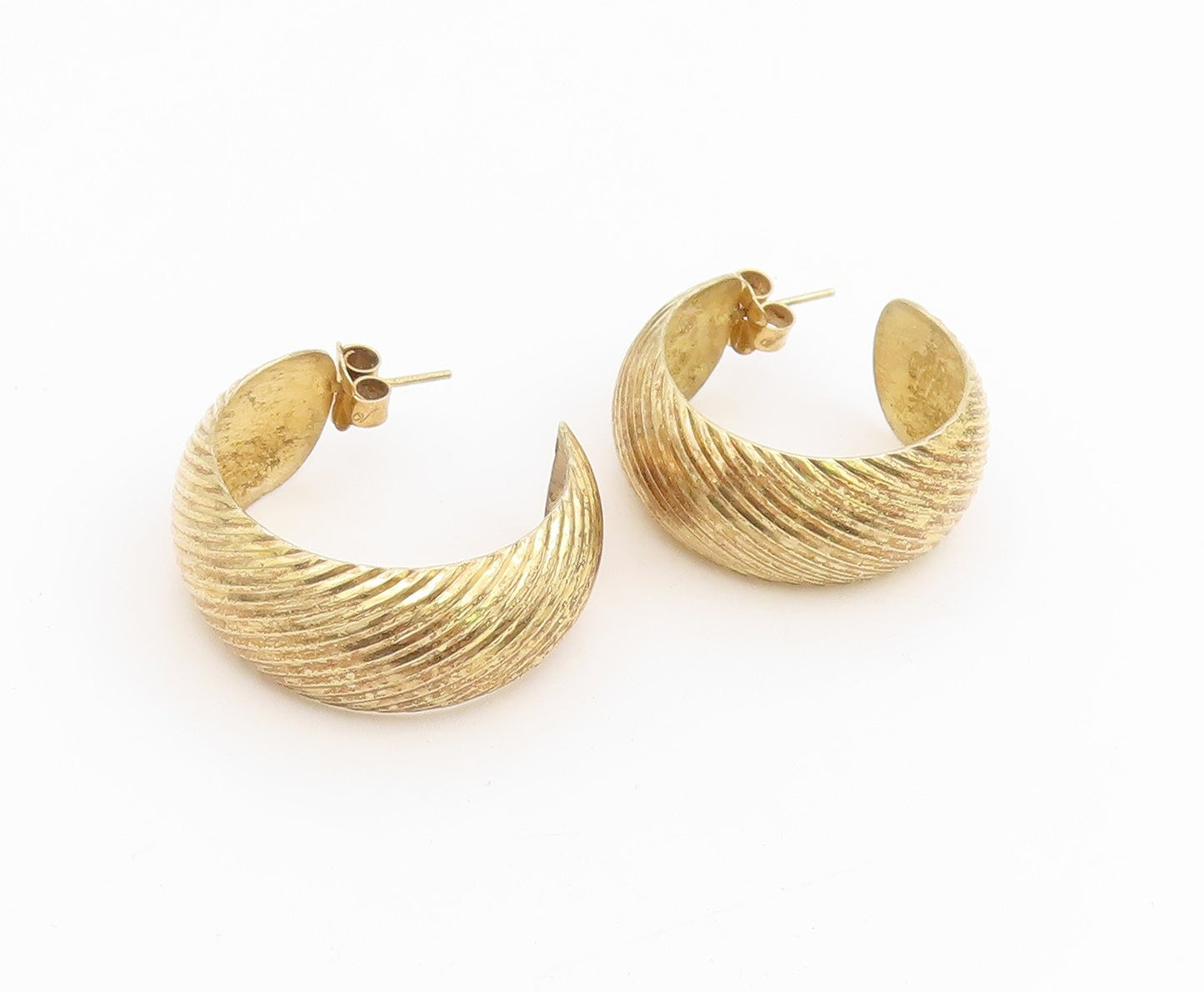 925 Sterling Silver Vintage Earrings Gold Plated Ribbed Statement Hoops  EG13922
