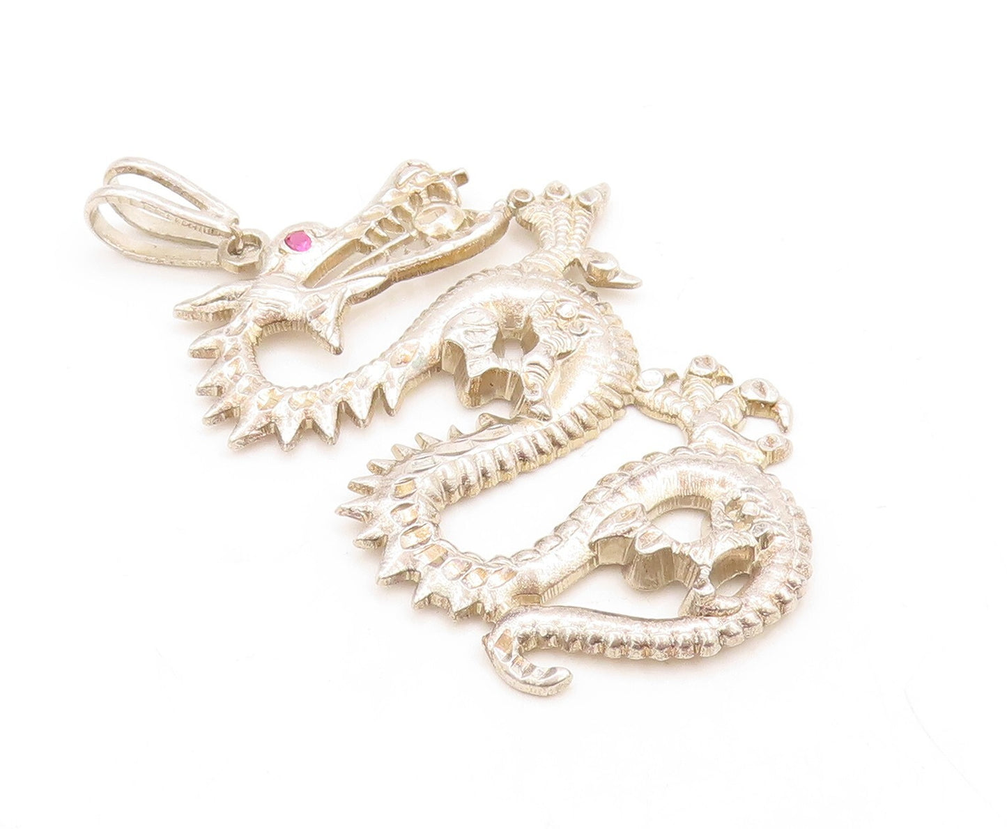 925 Sterling Silver Vintage Pendant Carved Large CZ Eyed Chinese Dragon  PT23812