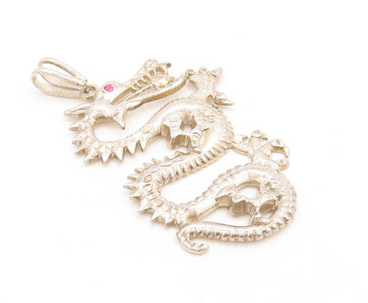 925 Sterling Silver Vintage Pendant Carved Large CZ Eyed Chinese Dragon  PT23812