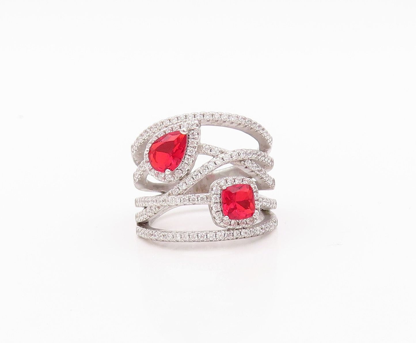925 Sterling Silver Vintage Ring Designer Cut Red & White CZ Bands Sz 7  RG30498