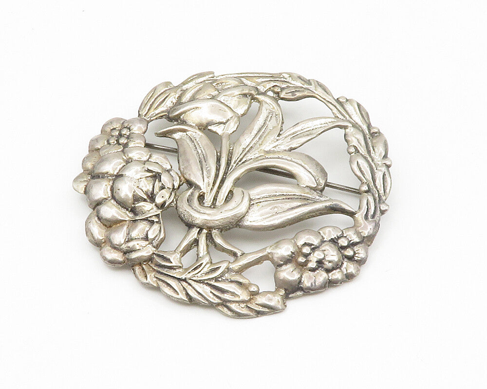 925 Sterling Silver  Vintage Floral Vine Wreath Motif Brooch Pin  BP5319