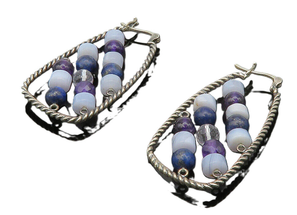 925 Silver  Vintage Agate Lapis Lazuli & Amethyst Beaded Hoop Earrings  EG6802