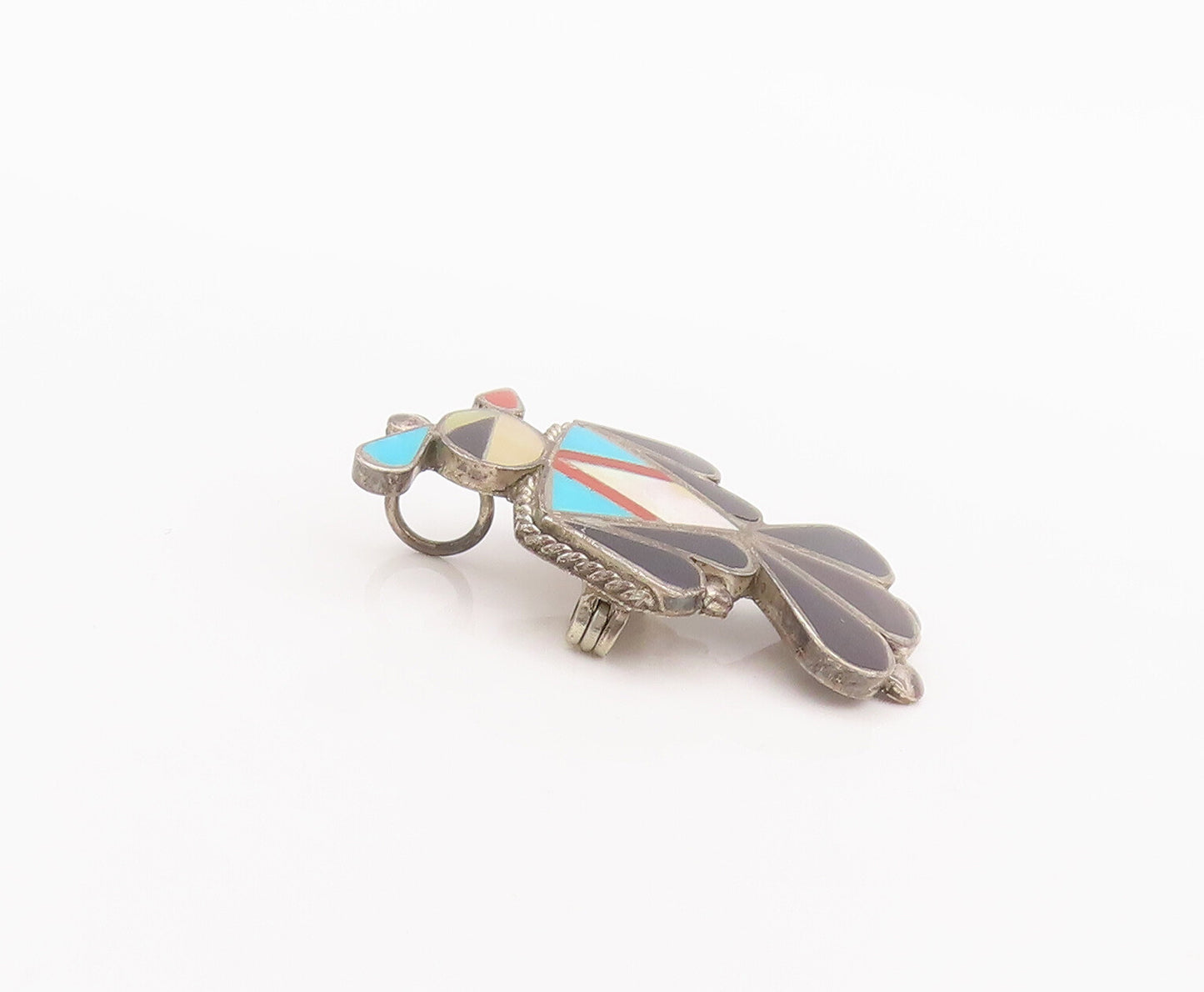925 Sterling Silver Vintage Brooch Pin NAVAJO ZUNI Multi Stone Peacock  BP10690