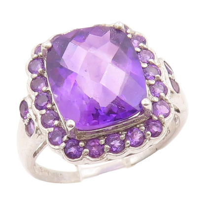 925 Sterling Silver Vintage Ring Faceted Amethyst Statement Band  Sz 8  RG35038