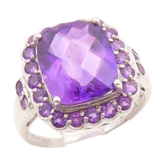 925 Sterling Silver Vintage Ring Faceted Amethyst Statement Band  Sz 8  RG35038