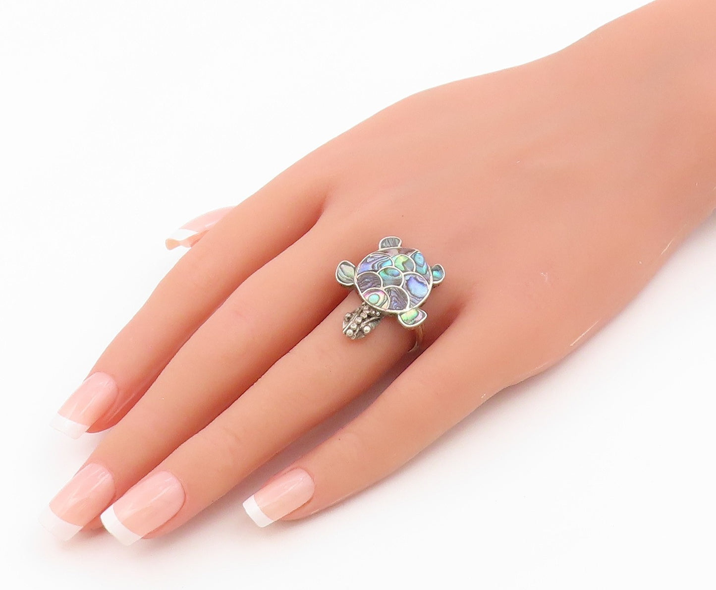 925 Sterling Silver Vintage Ring Classic Abalone Inlay Turtle Band Sz 8 RG36614