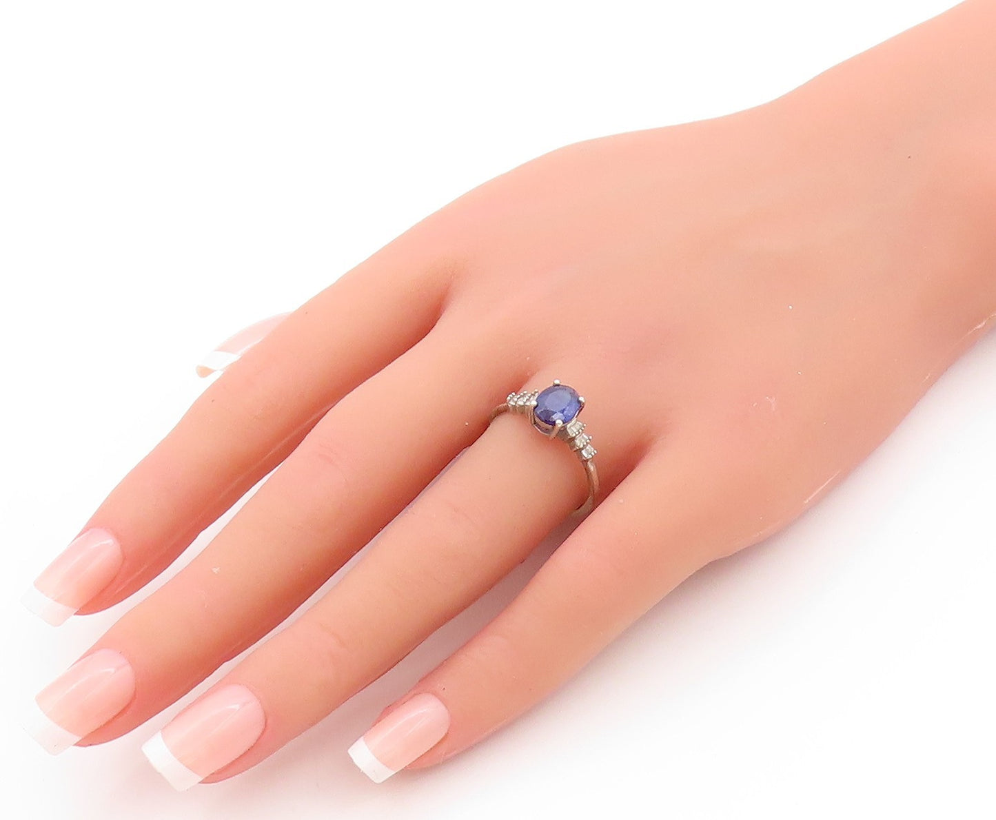 925 Sterling Silver Vintage Ring Diamonds Band & Oval Sapphire  Sz 8  RG32942