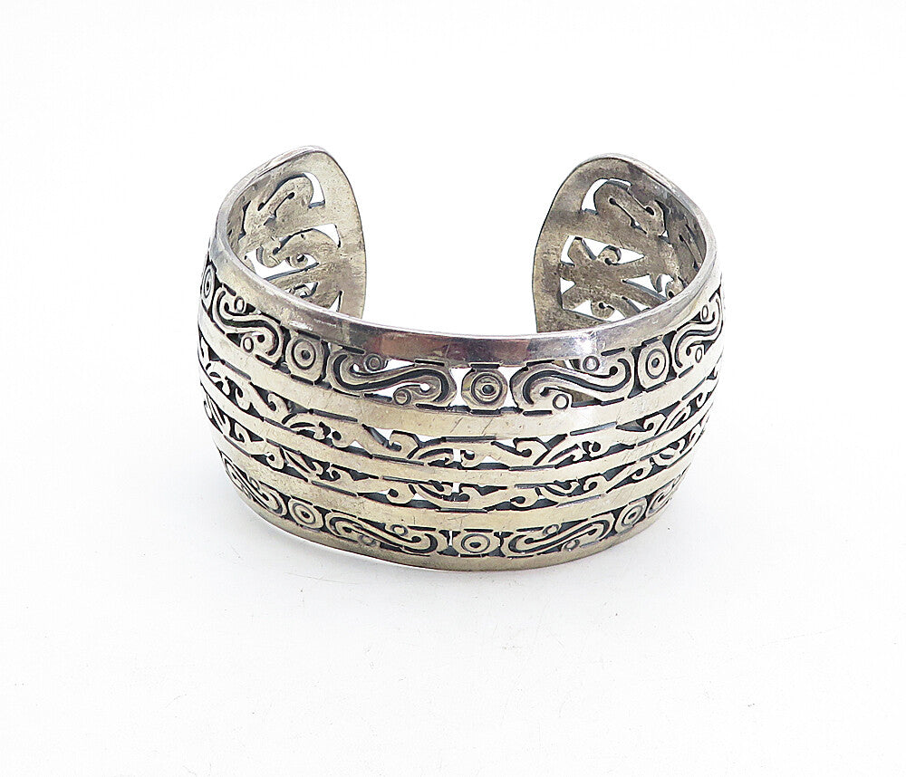 MMA MEXICO 925 Silver  Vintage Dark Tone Wide Swirl Cuff Bracelet  BT1958